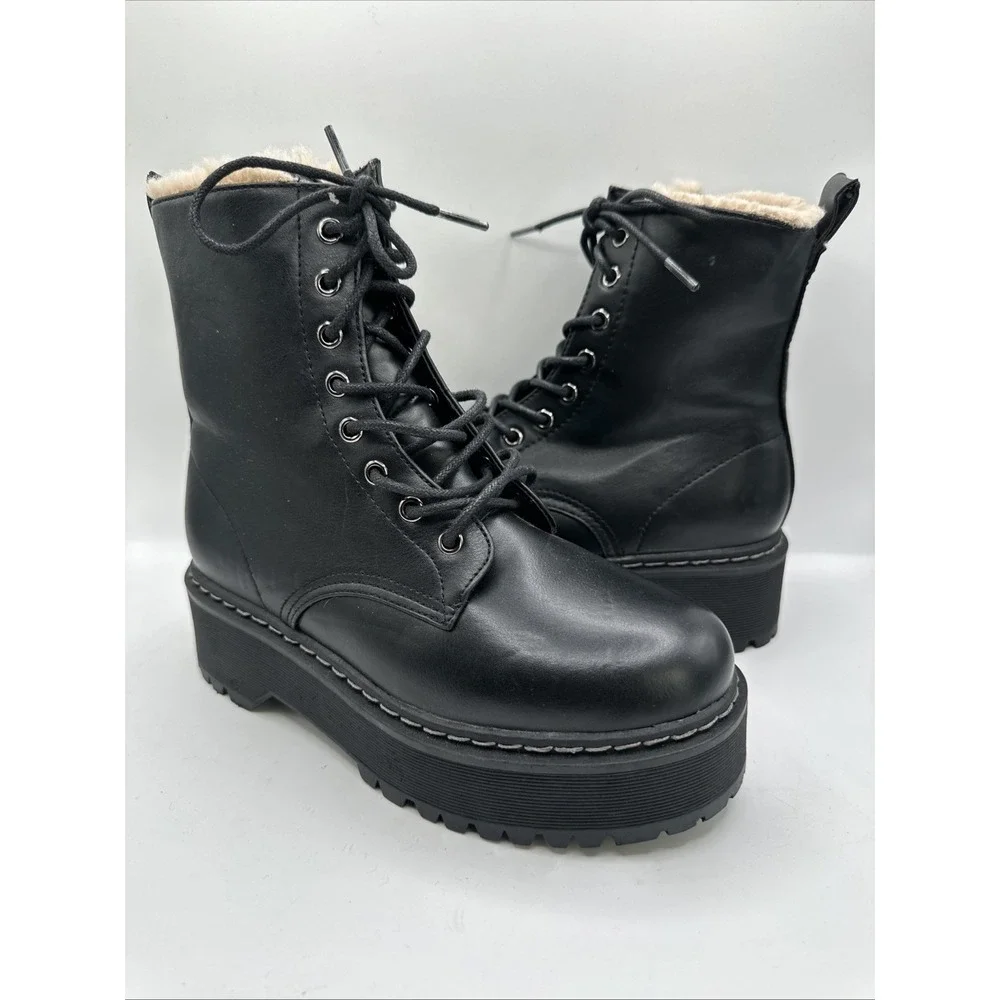 NEW $110 Steve Madden BETTY Doll Kills  Blk Combat Lace Up Faux Fur Lining Sz 5 - Picture 3 of 11